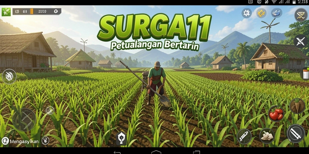 Screenshot utama SURGA11 menunjukkan petualangan bertani yang menyenangkan dan interaktif.
